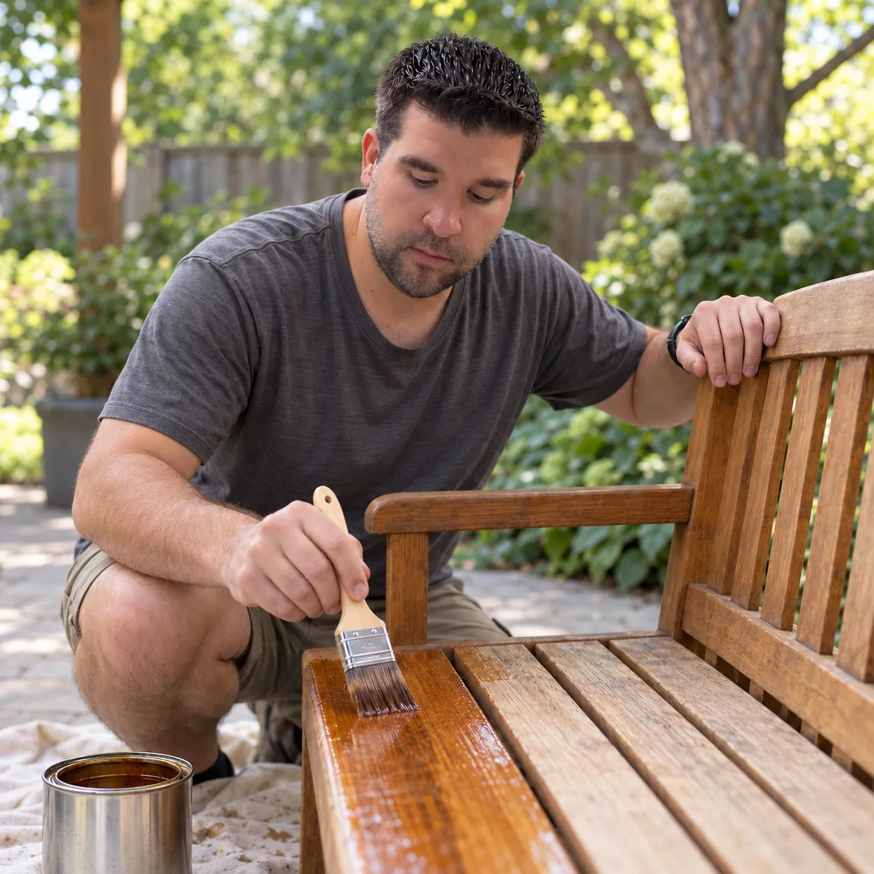 Jeremy brushing stain onto a wooden garden bench.